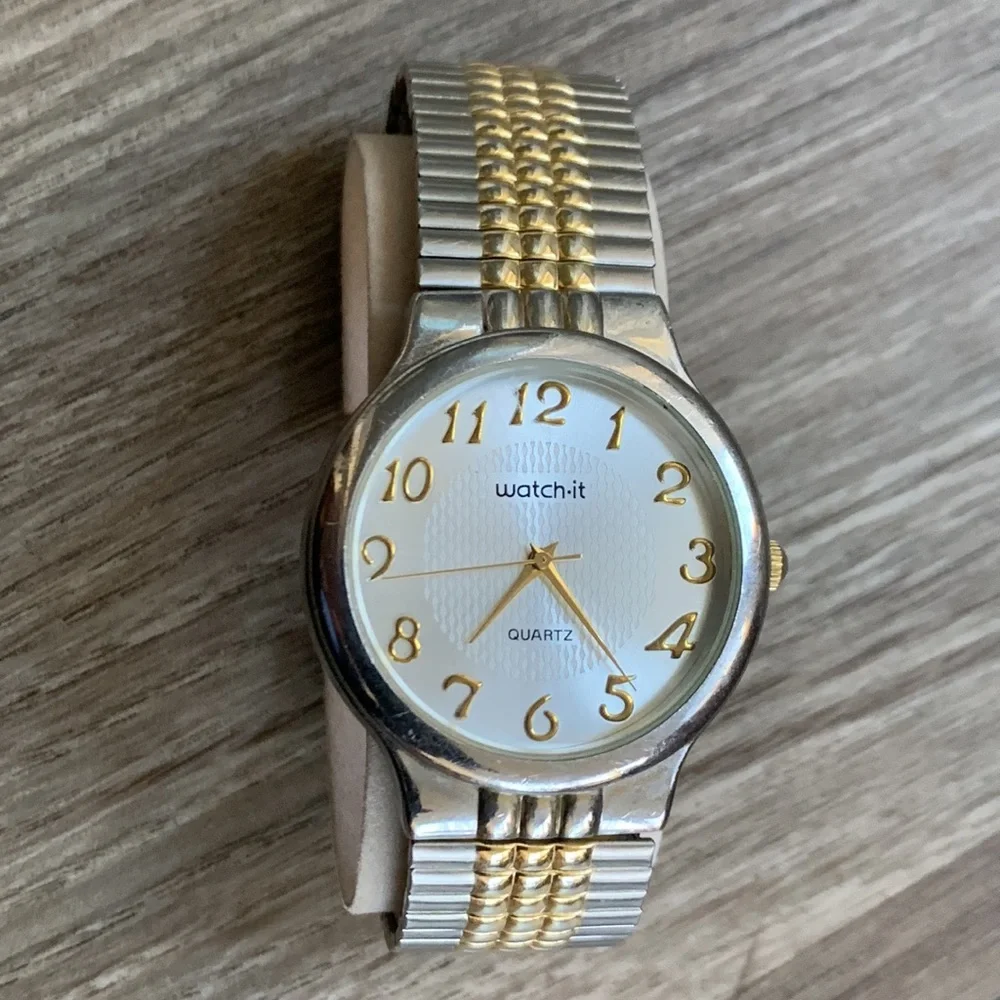 Watch It Wrist Watch Gold Silver Tone Stretch Band Vintage wristwatch Quartz